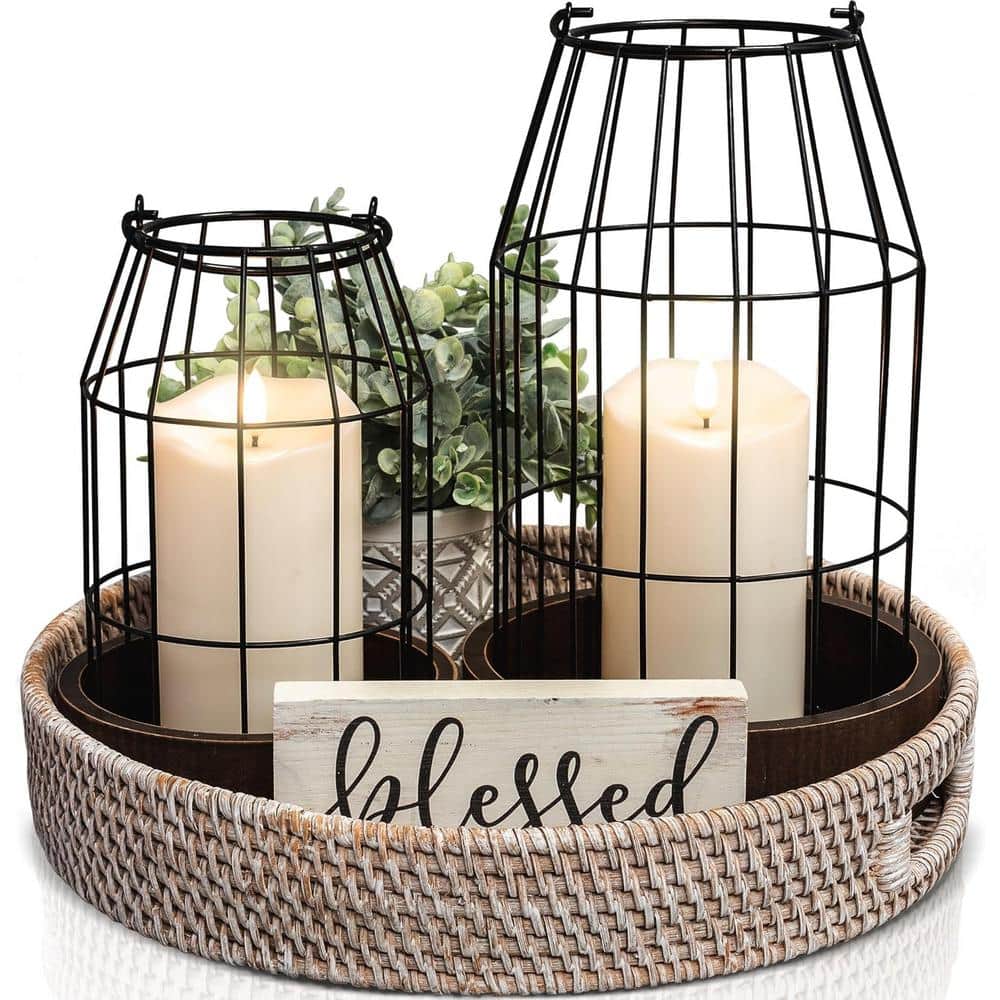 Rustic Farmhouse Lantern Candle Decoration for Living Room, Mantel (Set of 