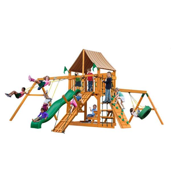 Gorilla Playsets Frontier with Amber Posts and Sunbrella Weston Ginger Canopy Cedar Swing Set