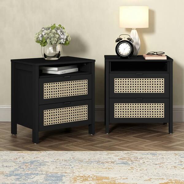 GALANO Carnforth 2-Drawer Black Nightstand Sidetable (22.7 in. H x 20.9 in. W x 15.7 in. D) (Set of 2)