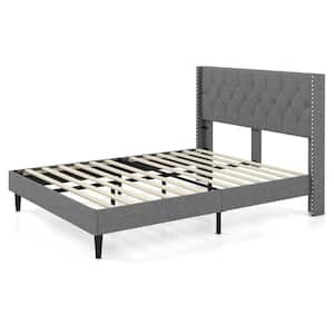 Gray Upholstered Wood Frame Full Platform Bed with Button Tufted Headboard Mattress Foundation