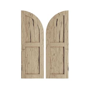 12 in. x 70 in. Polyurethane Hand Hewn Two Equal Flat Panel w/Quarter Round Arch Top Faux Wood Shutters Primed Tan