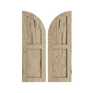 15 in. x 80 in. Polyurethane Hand Hewn Two Equal Flat Panel with Quarter Round Arch Top Faux Wood Shutters Primed Tan