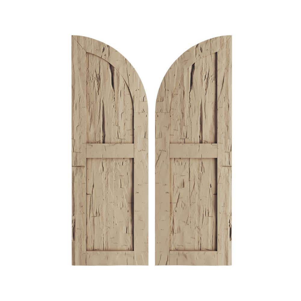 Faux Wood 15 in. x 82 in. Hand Hewn 2 Equal Flat Panel with Quarter Round Arch Top Polyurethane Shutters Primed Tan