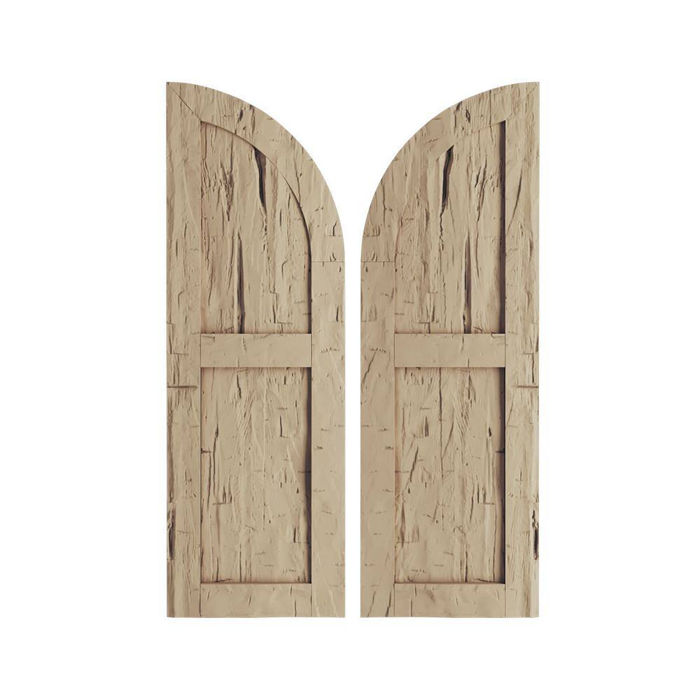 Faux Wood 18 in. x 88 in. Hand Hewn 2 Equal Flat Panel with Quarter Round Arch Top Polyurethane Shutters Primed Tan