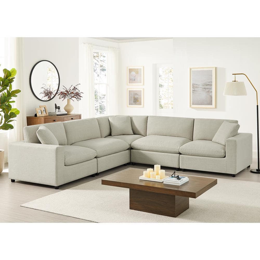 Casella 120 in. Square Arm 5-Piece Polyester Fabric Modular Sectional in Be