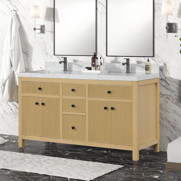 Tissa 60 in. W x 22 in. D x 35 in. H Double Sink Freestanding Bath Vanity in Classic Oak with White Quartz Top