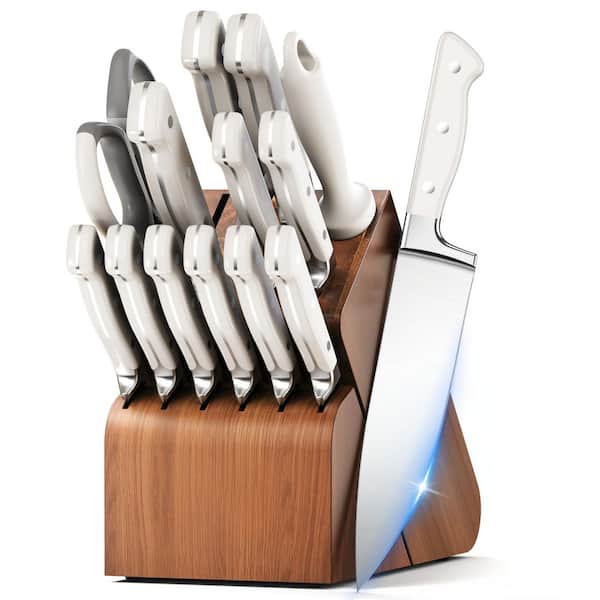 15-Piece Stainless Steel Ultra-Sharp Kitchen Knife Set with Block and Sharpener for Kitchen, Dishwasher Safe, in Brown