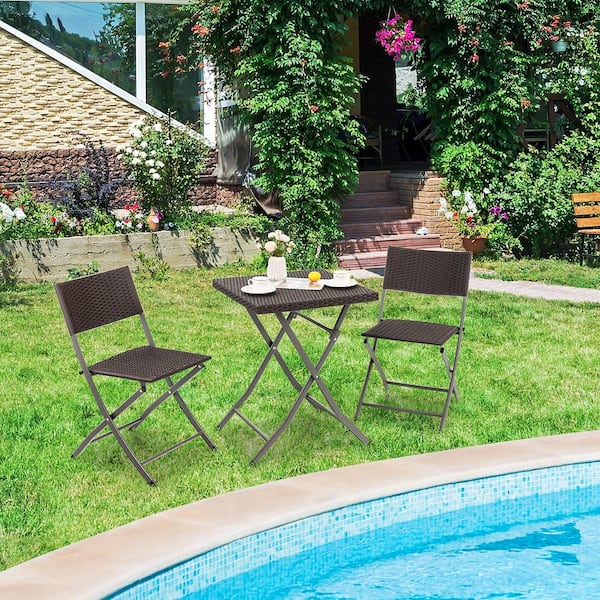 3-Piece Patio Bistro Set Folding Wicker Chairs & Table Outdoor Patio Furniture Set Brown