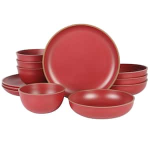 Rockabye 12-Pcs Double Bowl Malemine Dinnerware Set Service of 4 in Red
