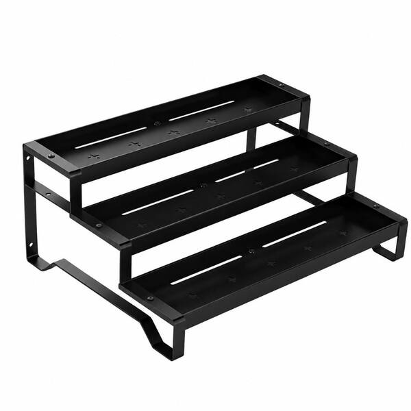 Expandable 3-Tier Metal Spice Rack Organizer with Guardrails Adjustable Length 13 to 21 in Black Cabinet