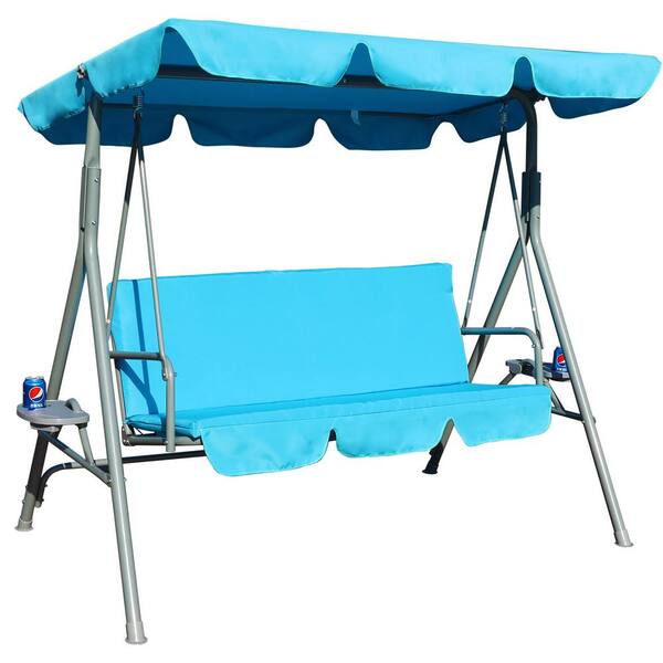 blue porch swing with canopy