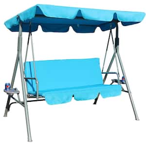 3-Person Metal Outdoor Patio Swing Chair with Blue Canopy and Cushion