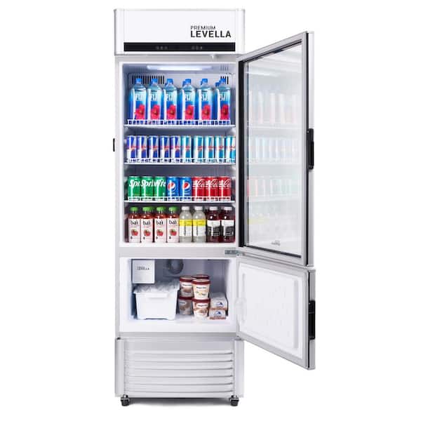 Premium LEVELLA 12.5 cu. ft. Commercial Upright Display Refrigerator Glass Door Beverage Cooler with Built-in Ice Maker in Silver