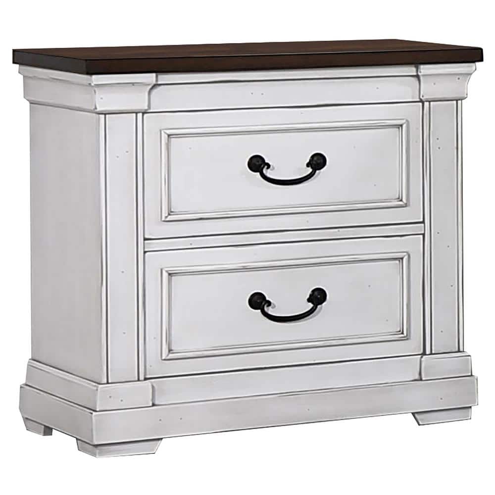 Hillcrest Transitional 2-Drawer Nightstand in White/Brown with USB Ports