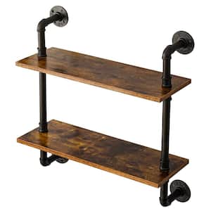 23.6 in. W x 7.8 in. D Rustic Brown 2-Tiers Industrial Pipe Shelves, Decorative Wall Shelf