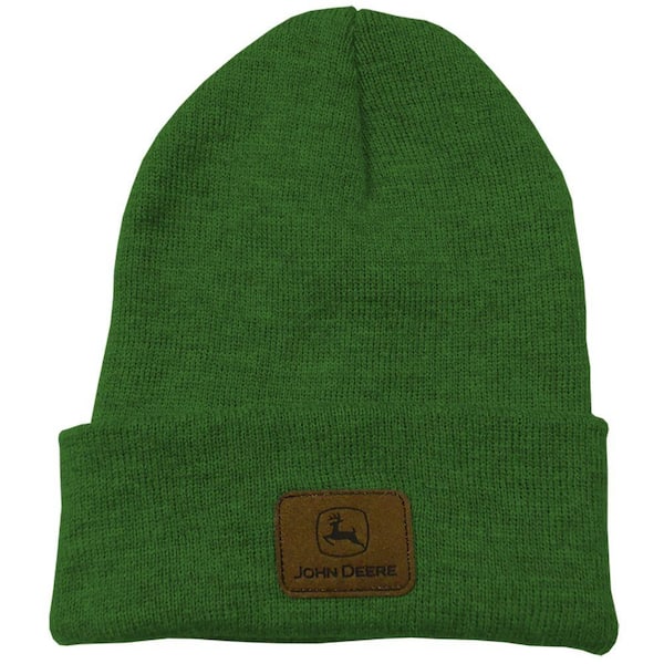 John Deere Beanie / Toboggan in Green with Leather Patch in One Size Fits Most