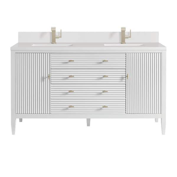 James Martin Vanities Myrrin 60.0 in. W x 23.5 in. D x 34.06 in. H Double Sink Bathroom Vanity in Bright White with White Zeus Quartz Top