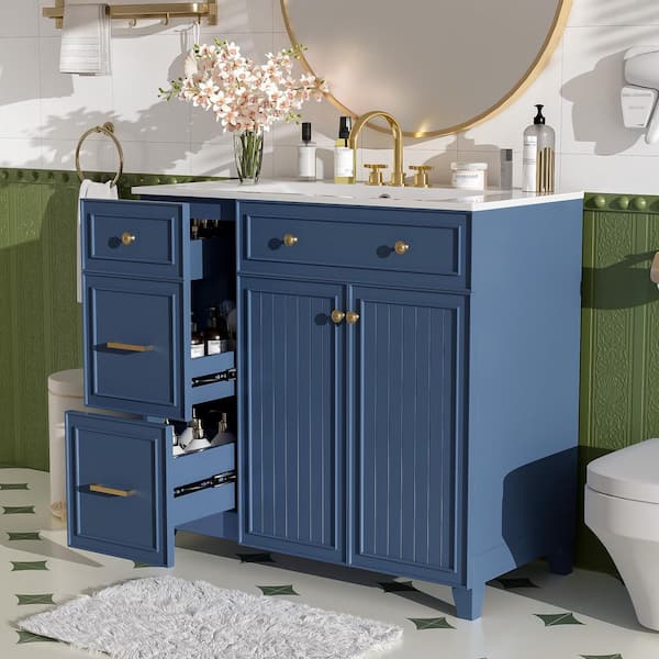 LORDEAR 36 in.W x 17.87 in.D x 33.31 in.H Freestanding Single Bathroom Vanity in Blue with White Ceramic Sink Top