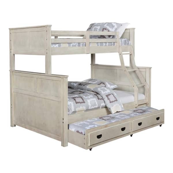 Benjara White Twin Adjustable Bunk Bed with 2 Drawers and Rolling Wheels
