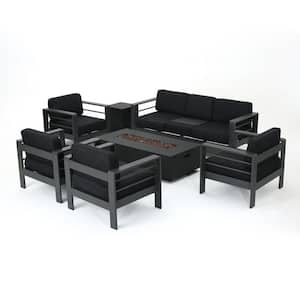 Cape Coral Grey 7-Piece Aluminum Outdoor Patio Fire Pit Seating Set with Dark Grey Cushions