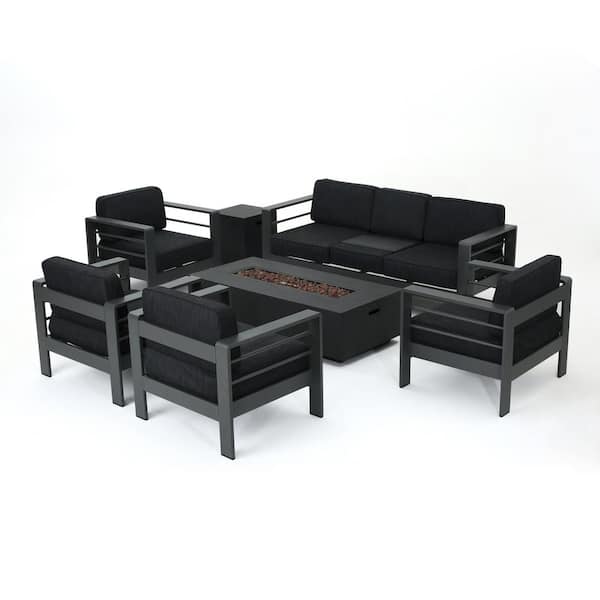 Noble House Cape Coral Grey 7-Piece Aluminum Patio Fire Pit Seating Set with Dark Grey Cushions
