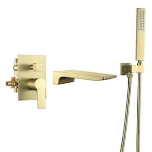 Single Handle Wall-Mount Roman Tub Faucet with Handheld Shower and Waterfall Spout Pressure Balance in Brushed Gold