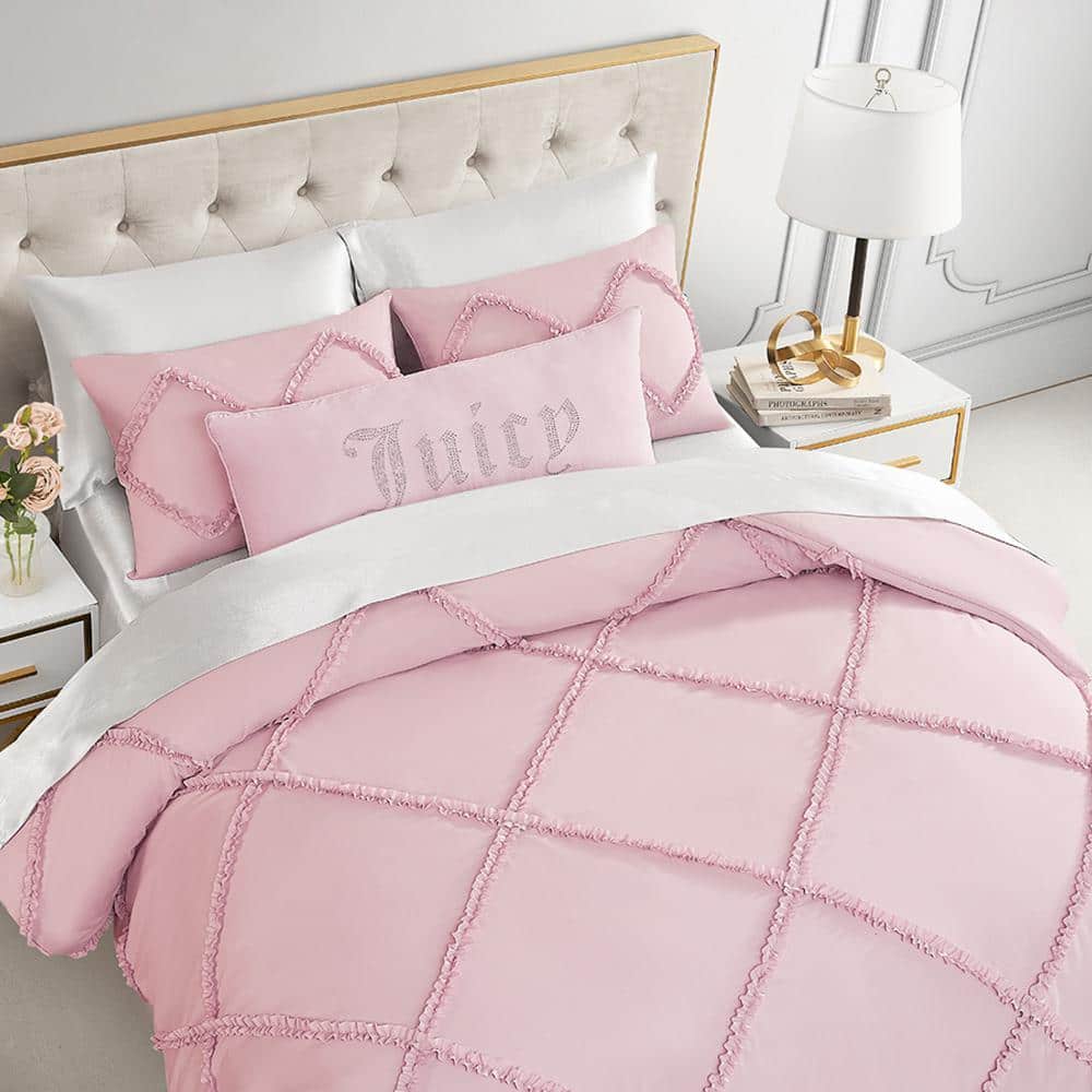 Blush Pink Microfiber Reversible Comforter Set with Ruffle Accents