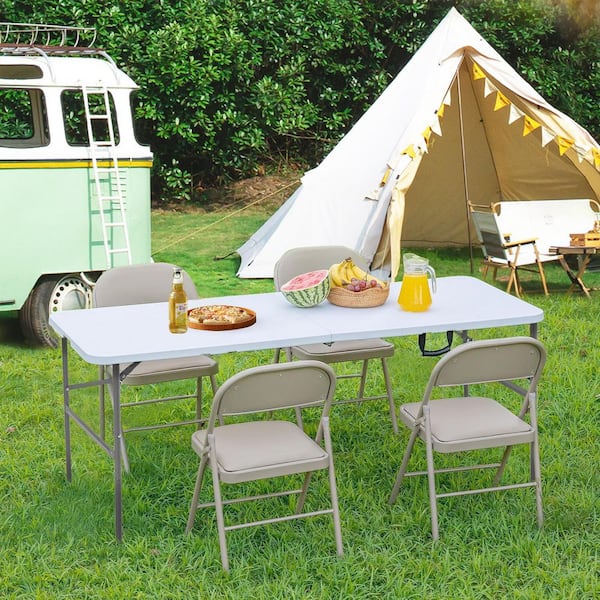 Yangming 48 in.D X 24 in.W Metal Outdoor Indoor Picnic Plastic Folding Table with Carrying Handle for Camping Picnic Party