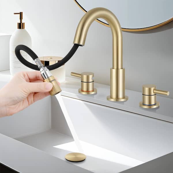 Double Handles 8 in. Widespread Bathroom Sink Faucet 3-Hole with Pull Out Sprayer with Pop-Up Drain in Brushed Gold