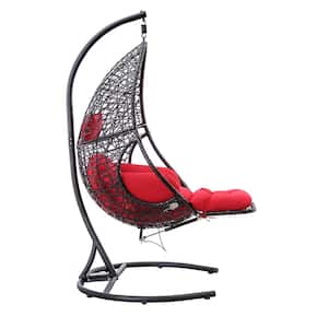 PE Rattan Patio Swing Chair with Stand, Red Cushions, and Leg Rest for Balcony, Courtyard