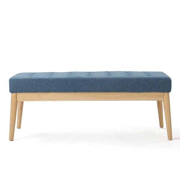 Zeus & Ruta Brown Fabric and Wood Outdoor Ottoman with Blue Cushion for Backyard, Porch, Poolside and Garden