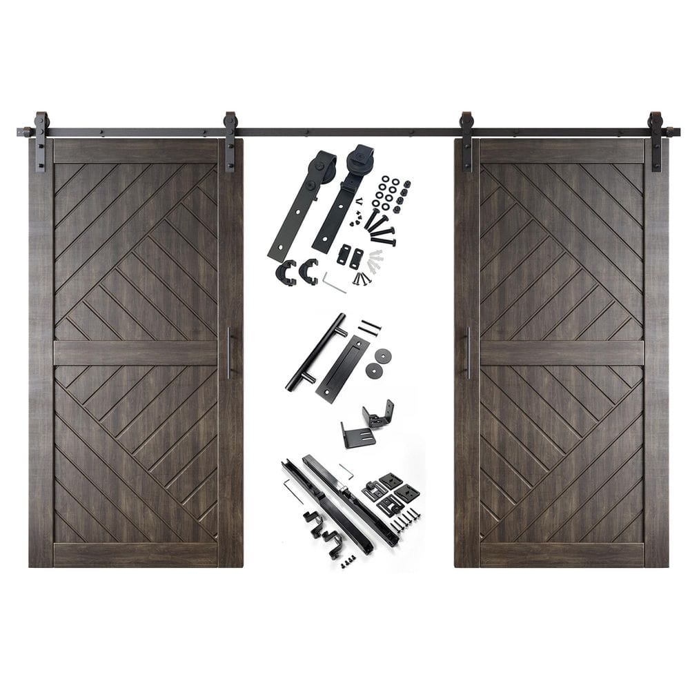 HT 32 in. x 80 in. C-Panel Ebony Geometric Design Double Pine Wood Sliding Barn Door with Hardware Kit price history on PriceWatchPro