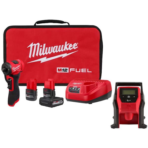 M12 FUEL 12V Lithium-Ion Brushless Cordless 1/4 in. Right Angle Die Grinder with M12 Cordless Portable Inflator