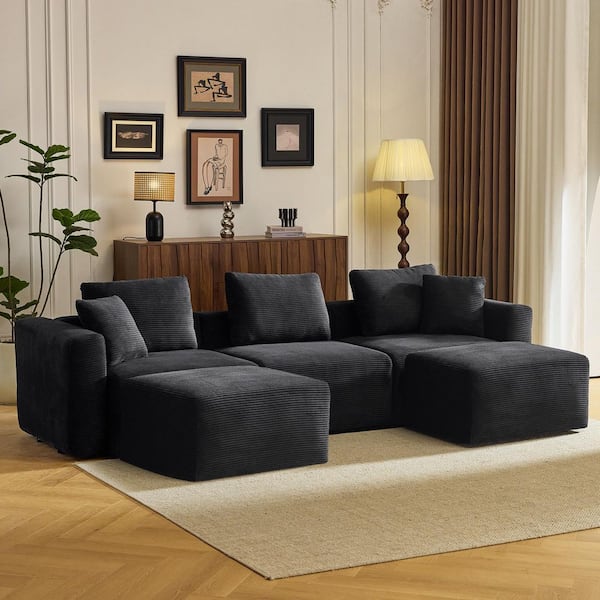 Compressed Block's Collection 112 in. W Square Arm Corduroy U-shaped Modern Sofa in Black with Ottoman