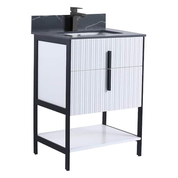 FINE FIXTURES 24 in. W x 18 in. D x 33.5 in. H White Bath Vanity with Black Sintered Stone Top with Black Hardware