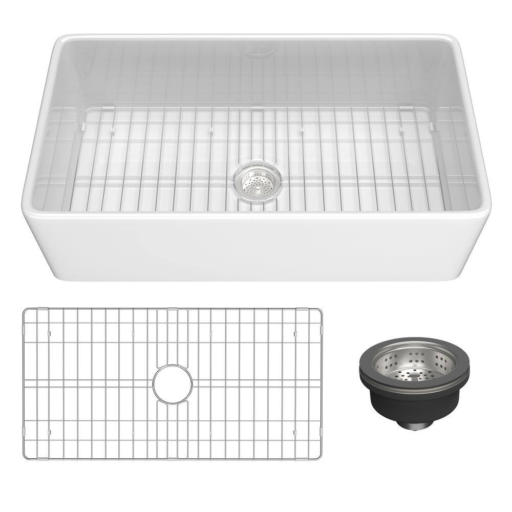 White Fireclay 33" Farmhouse Apron Front Single Bowl Kitchen Sink