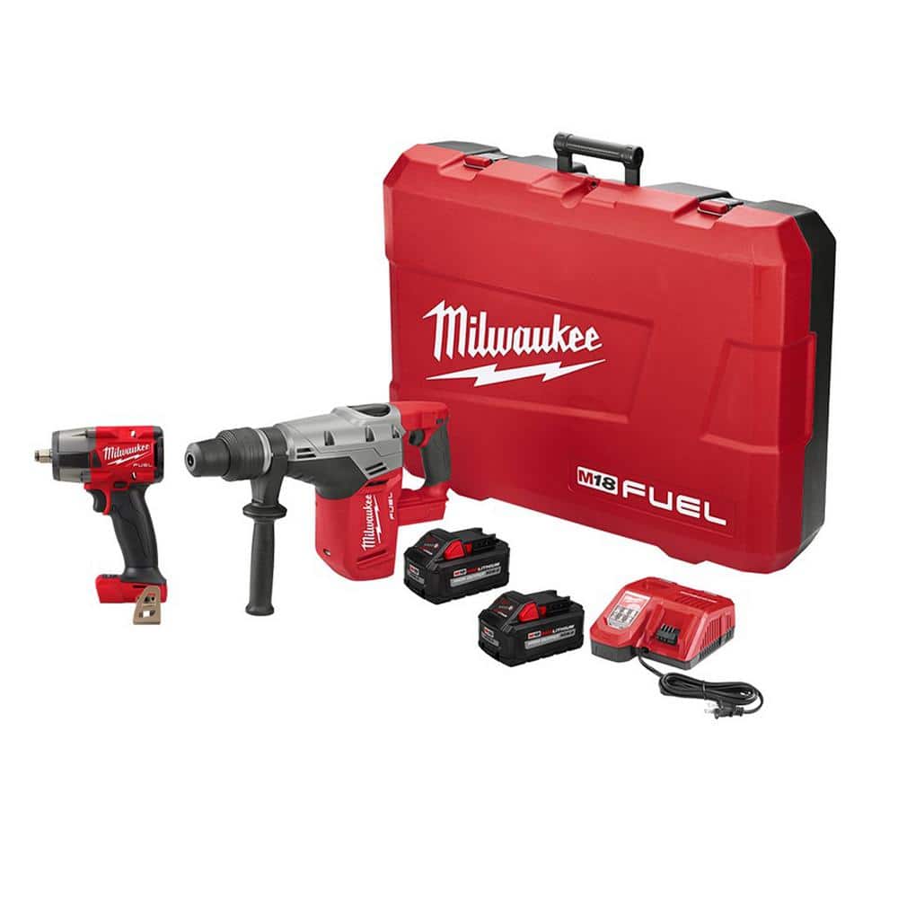 Milwaukee M18 FUEL 18-Volt Li-Ion Brushless Cordless 1-9/16 in. SDS-Max Rotary Hammer Kit w/Two 8.0Ah Batteries & Impact Wrench -  2717-22HD-2962