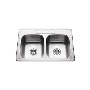 Houzer Glowtone 33 in. Stainless Steel Topmount 3-hole 50/50 Double Bowl 9 in. Deep Kitchen Sink - 3322-9BS3-1