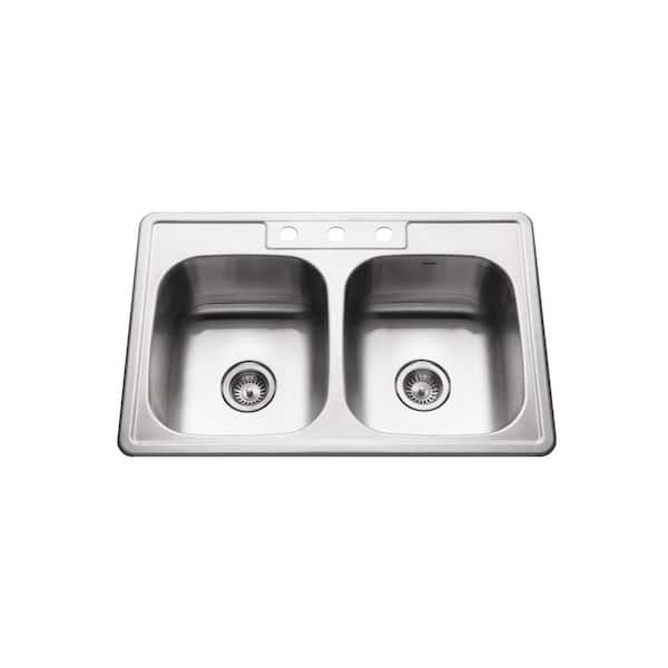 HOUZER Houzer Glowtone 33 in. Stainless Steel Topmount 3-hole 50/50 Double Bowl 9 in. Deep Kitchen Sink - 3322-9BS3-1