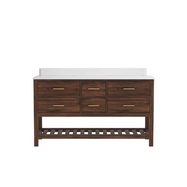 Willow Collections Parket Teak 60 in. W x 22 in. D x 36 in. H Double Sink Bath Vanity in Dark Walnut with 1.5 in. Empira White Quartz Top