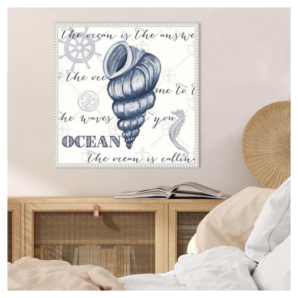 Indigo Ocean Treasures I Coastal Canvas Wall Art with White Frame