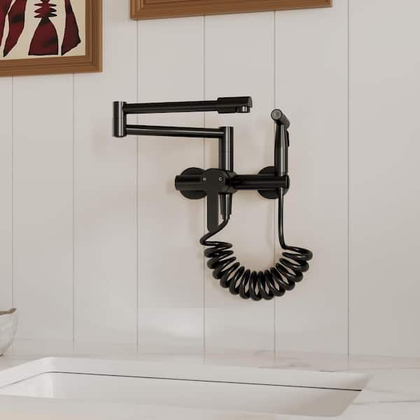 Single-Handle Wall Mount 8 in. Kitchen Faucet Matte Black Faucet for Kitchen, with Spray Gun