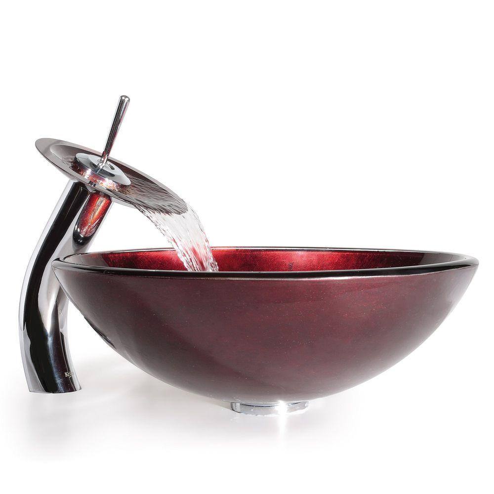 Red Glass Circular Vessel Sink with Chrome Faucet