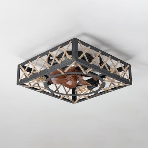 17.7 in. Indoor Black Lighting Ceiling Fan Flush Mount Square with Rope Decor Ceiling Fans With Lights