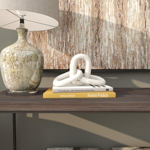 Litton Lane 4 in. x 3 in. White Marble Geometric 3 Link Chain Sculpture