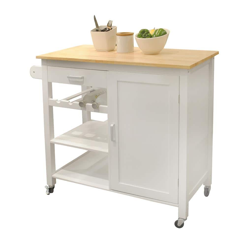 White MDF Small Kitchen Island with Drawer, Storage Shelves and Wine R