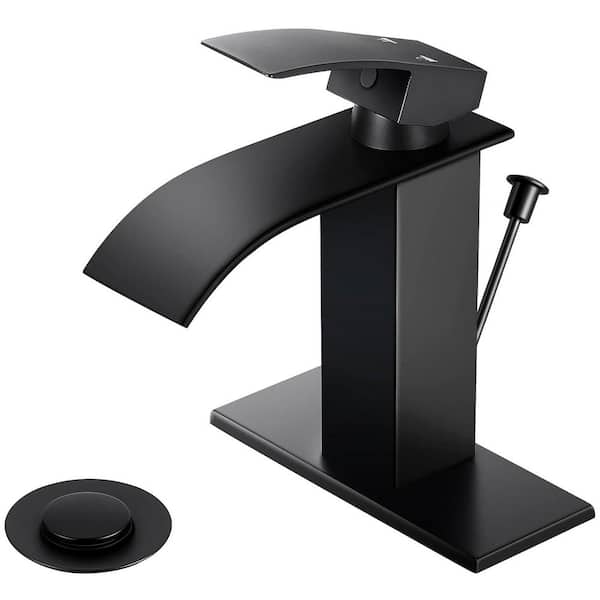 Single Handle Waterfll Spout Single Hole Bathroom Sink Faucet with Lift Rod Drain in Matte Black