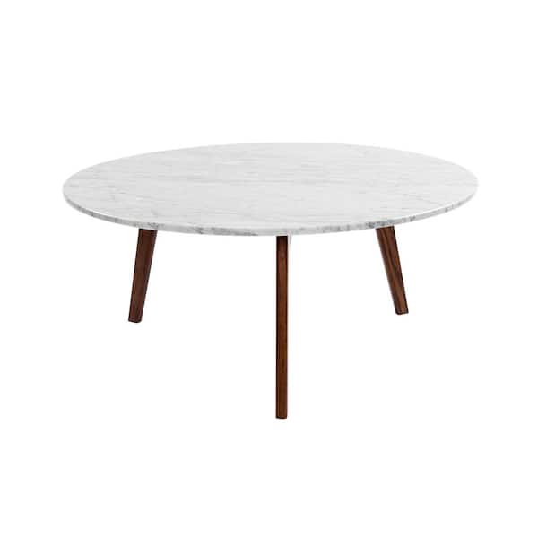 Andmakers Stella 32 In White Walnut, Round Marble Coffee Table