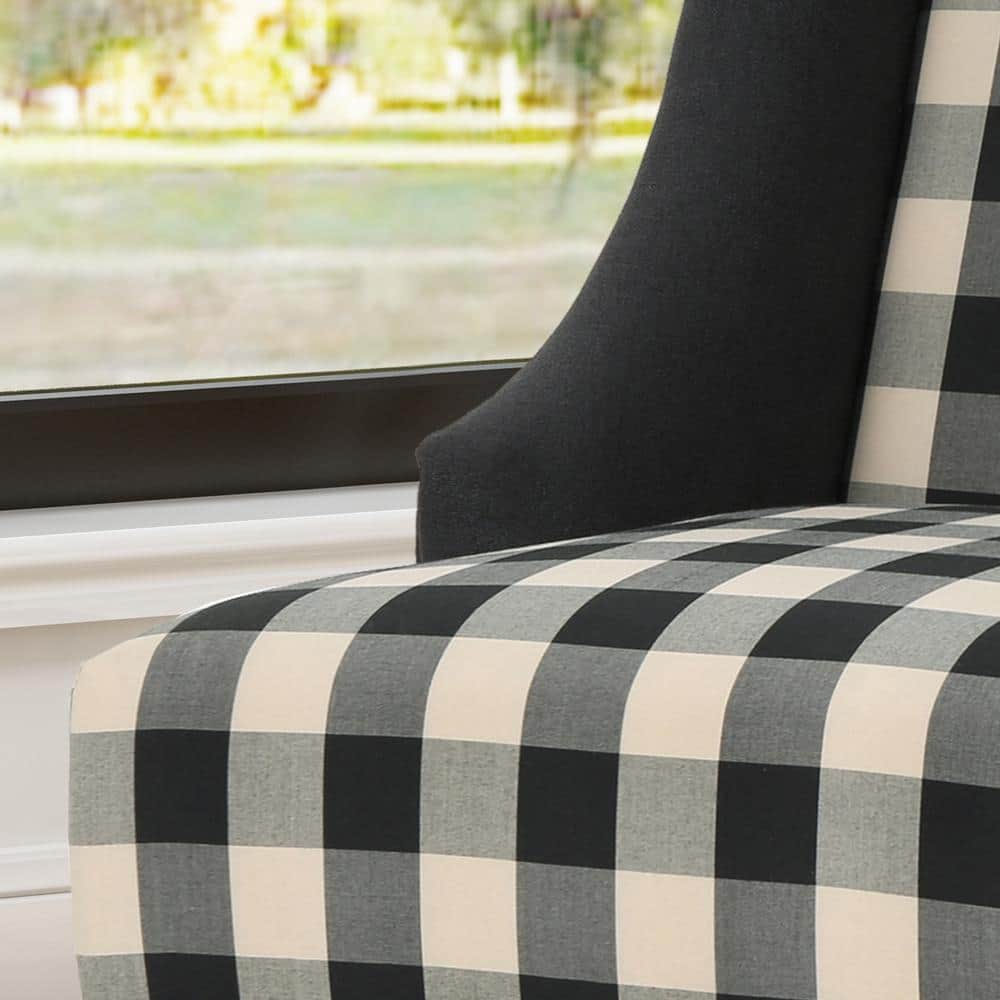Handcrafted Black and Beige Plaid Wood Club Accent Chair