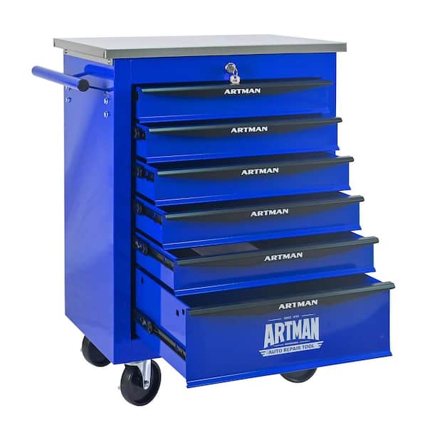 13.58 in. W 6-Drawer Rolling Blue Black Metal Tool Cart with Armrests w/ Drawer Slides & Steel Tool Storage Organizer